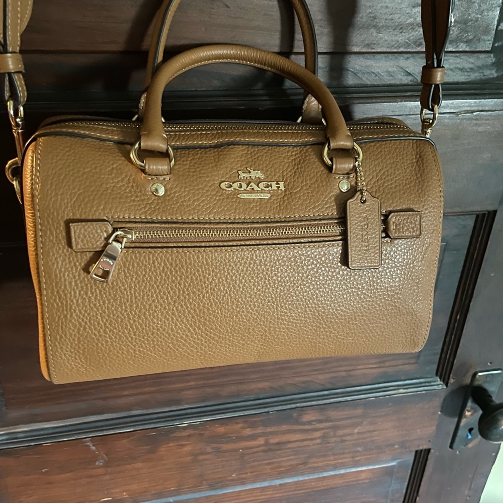 Coach Camel Pebbled lather satchel with wide embroidered leather strap